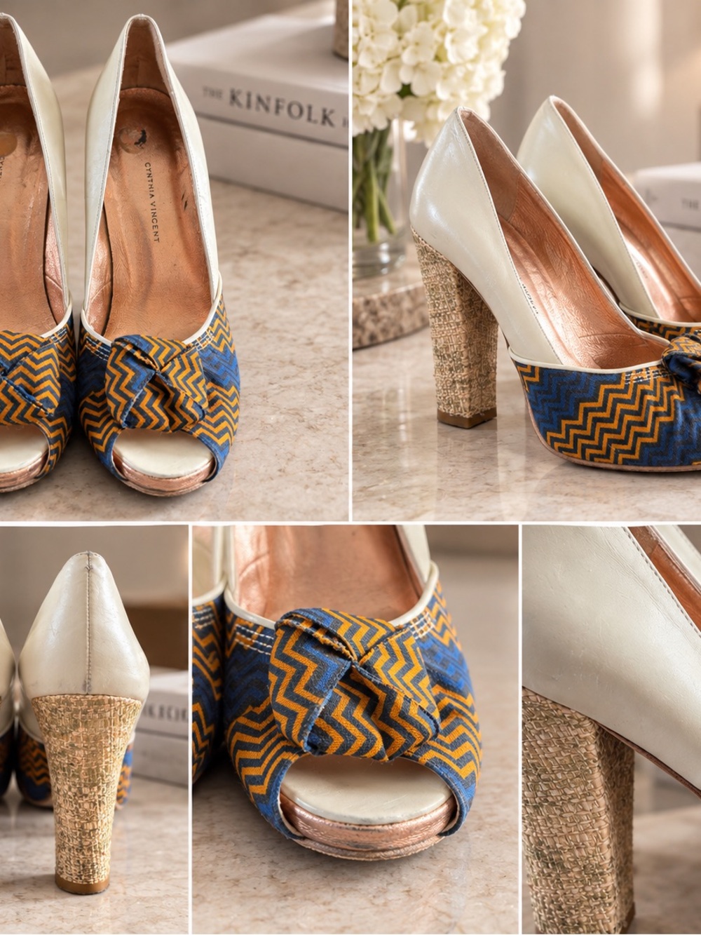 Cynthia Vincent Cream Peep-Toe Pumps with Blue & Mustard Chevron